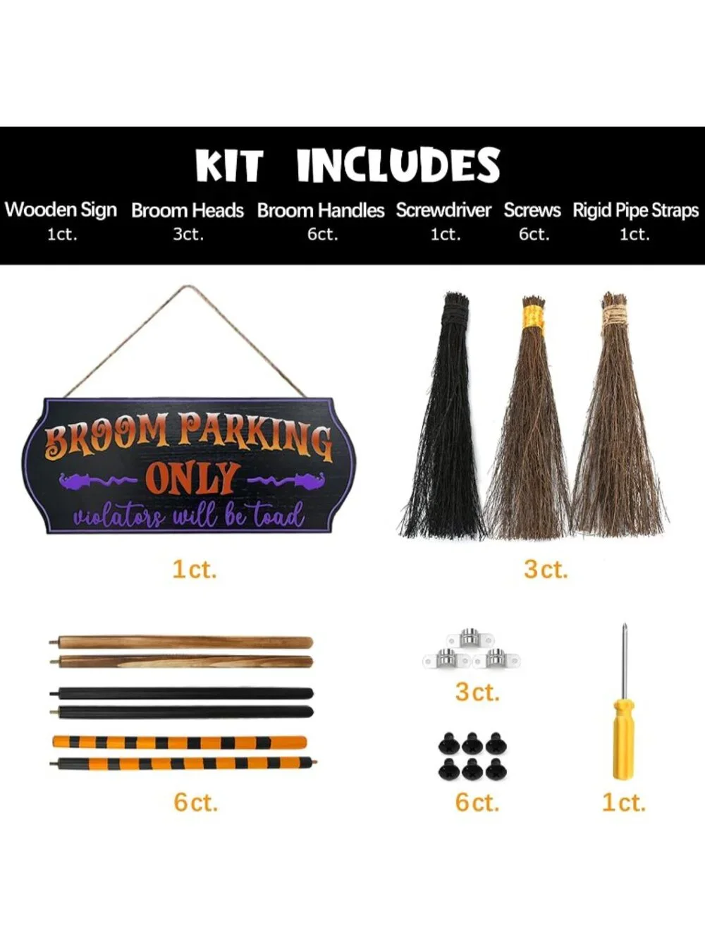 Broom Parking Sign with 3 Wooden Witches Brooms Hocus Pocus Halloween Decor